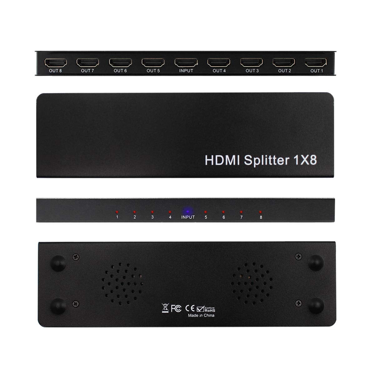 4K 1x8 HDMI Splitter, One in Eight Out Powered 8way HDMI Splitter Audio Video Distributor Amplifier with Charger, Support Full HD 3D & 4K x 2K Compatible with PS3/4,Fire Stick,Roku,Blu-Ray Playe